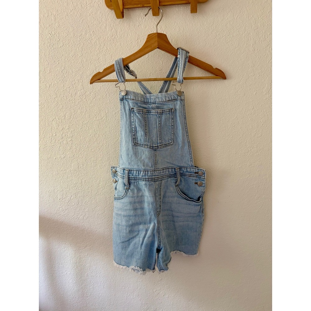 Cat & Jack Kids XL 14 Light Blue Denim Shortalls Overalls Frayed Hem Stretch